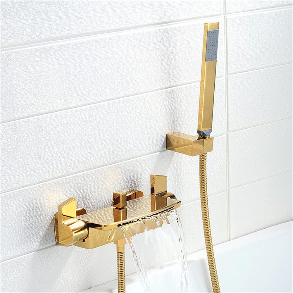 Bathtub Faucet with Shower, Brass Tub Taps, 2-Handle Waterfall Spout Mixer Tap, with Hand Shower Wall Mounted Bath Faucet 2 Function Bathtub Faucet Water Mixer Set,Gold