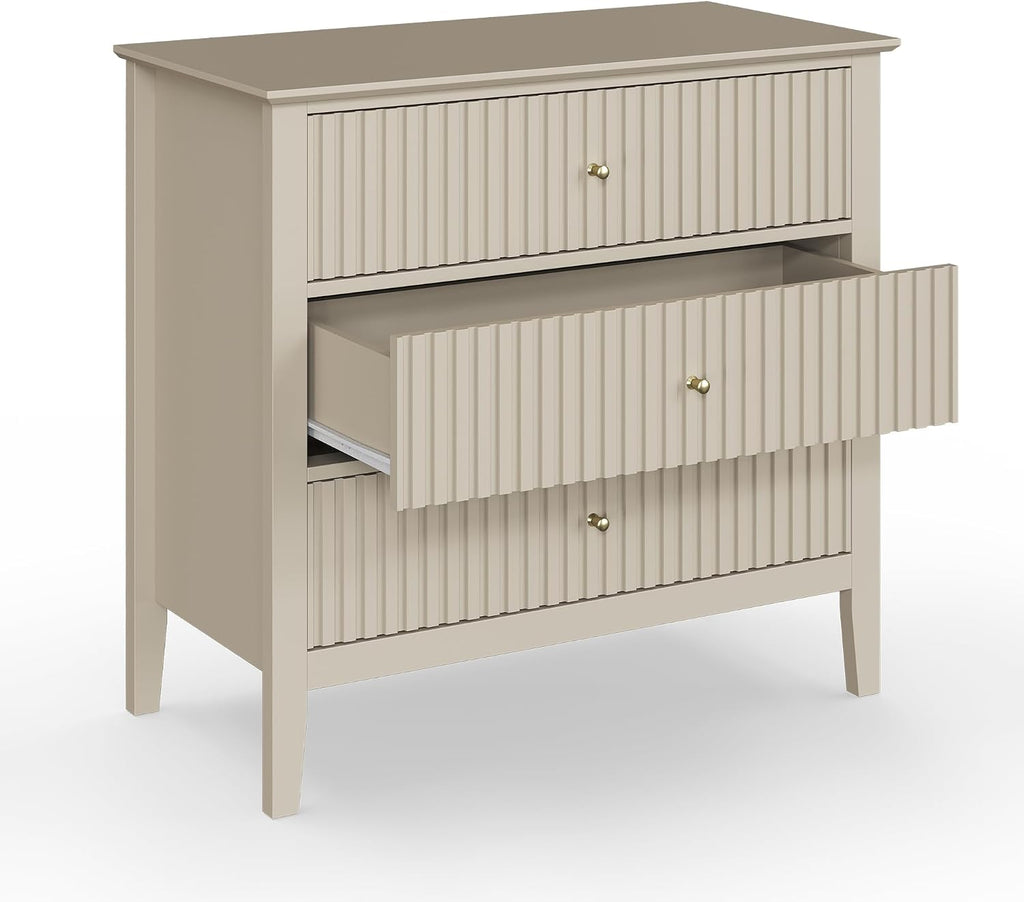May in Color Large Beige Fluted 3 Drawer Dresser Set of 2, Chest of Drawers with Ball Bearing Slide Modern 30 inch Tall Wood Nightstand with Spacious Storage for Bedroom Hallway Living Room Entryway