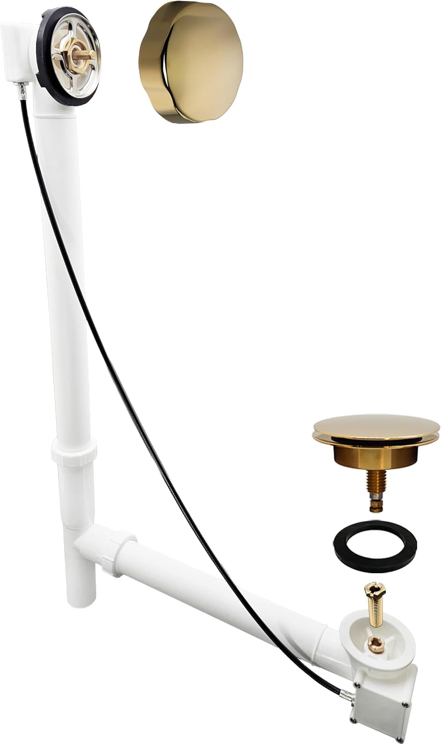 Westbrass A50P27TLE-01 27' Cable Drive Bath Drain Trim Kit with Rotary Overflow Cover Knob, European Stopper and Poly Tubular Pipes, Polished Brass