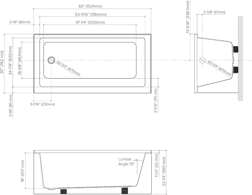 Transolid Ursula AFR 60 x 30 x 22-1/4 in. Acrylic Alcove Bathtub with Left-Hand Drain, White