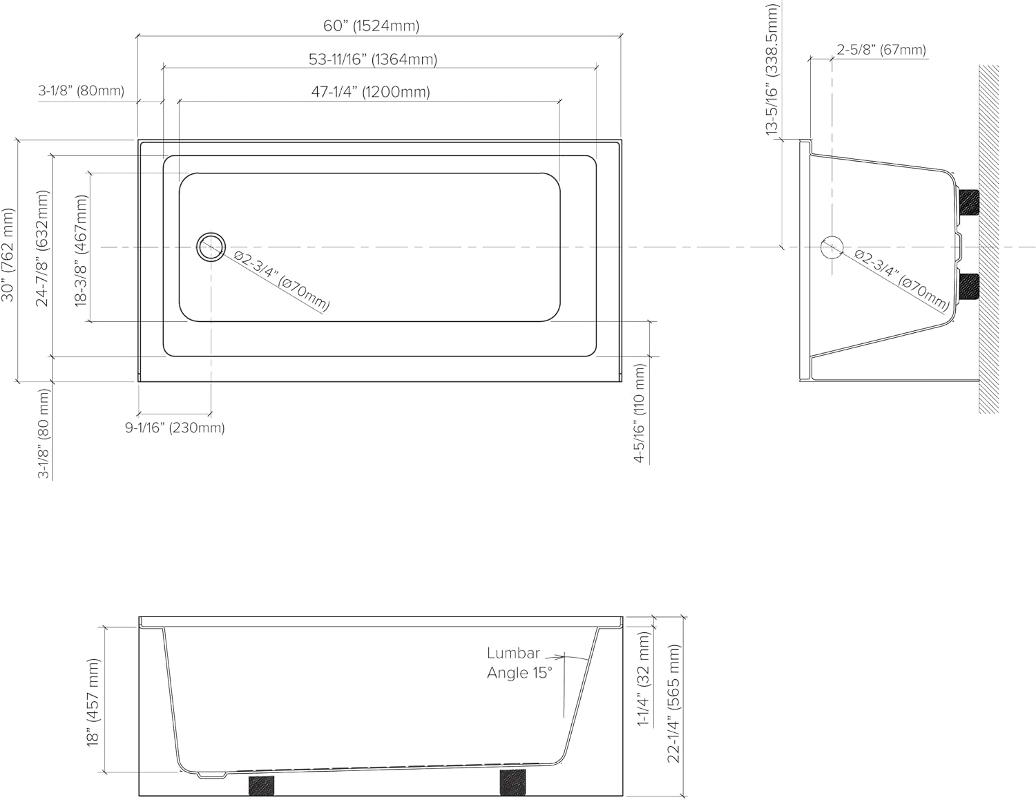 Transolid Ursula AFR 60 x 30 x 22-1/4 in. Acrylic Alcove Bathtub with Left-Hand Drain, White