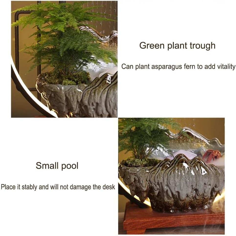 GZHERVICES Tabletop Fountains with Ceramic Sculpture, 3D Indoor Waterfall with LED Light Ring and Backflow Incense Burner, Indoor Rain Curtain Waterfall Water Feature with Mist(Diameter 35cm/13.78in)