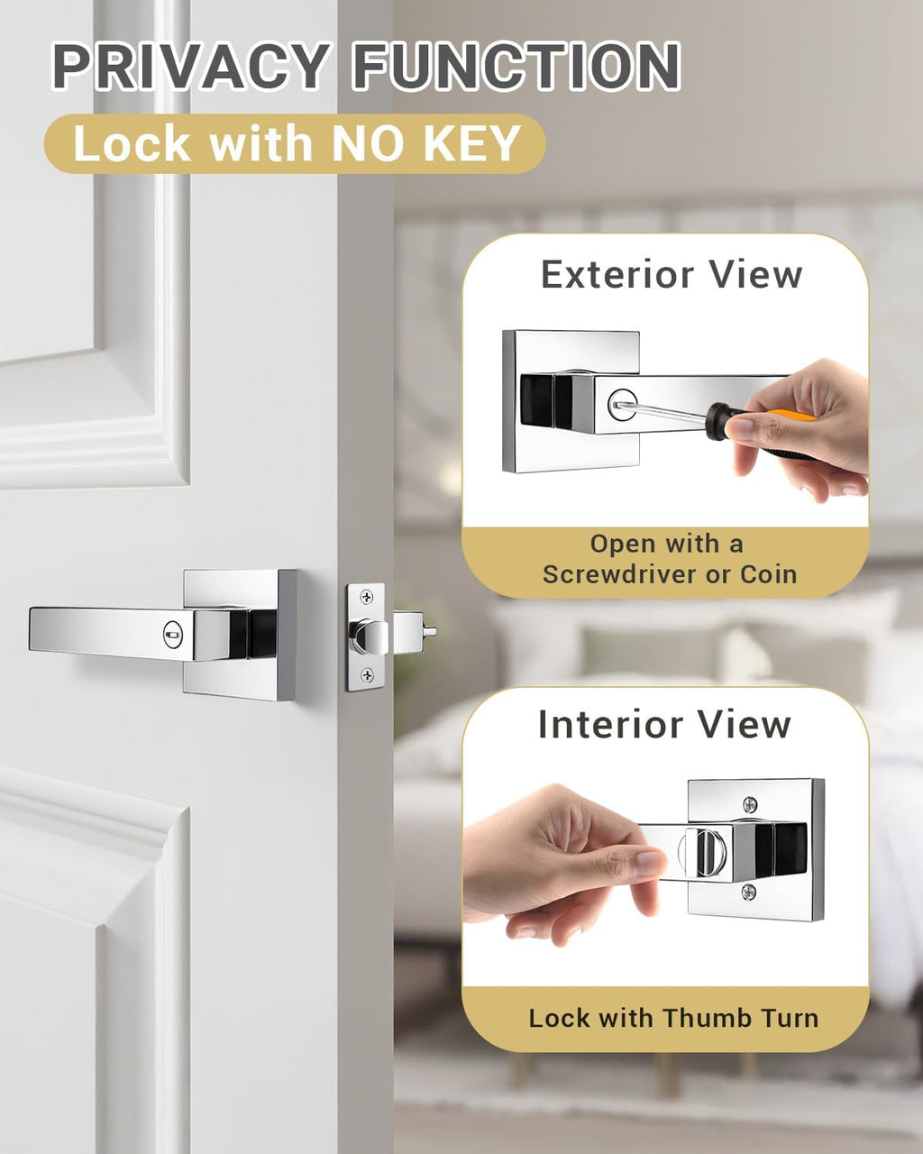 KNOBWELL 4 Pack Door Handles Interior Privacy Doorknob with Straight Lever Polished Chrome Bedroom/Bathroom Door Handles