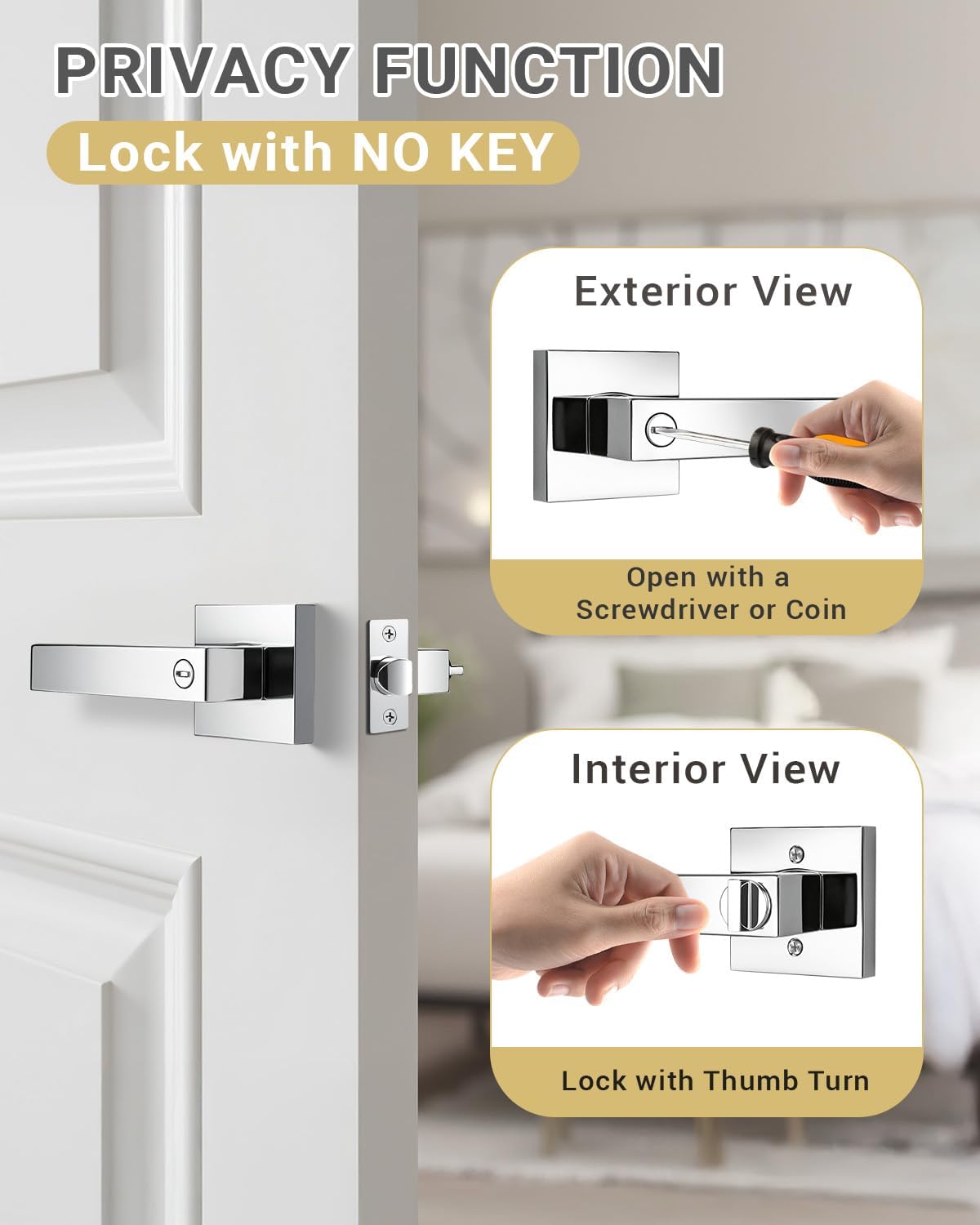 KNOBWELL 4 Pack Door Handles Interior Privacy Doorknob with Straight Lever Polished Chrome Bedroom/Bathroom Door Handles