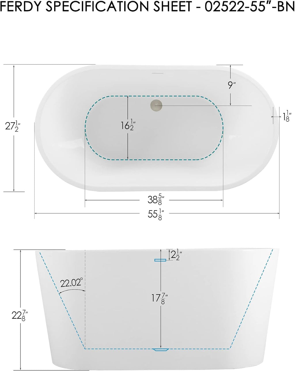 FerdY Luzon 55' Acrylic Freestanding Bathtub, Ergonomic Lightweight Classic Oval Soaking Bathtub with Brushed Nickel Drain, Minimalist Linear Design Overflow, Modern White