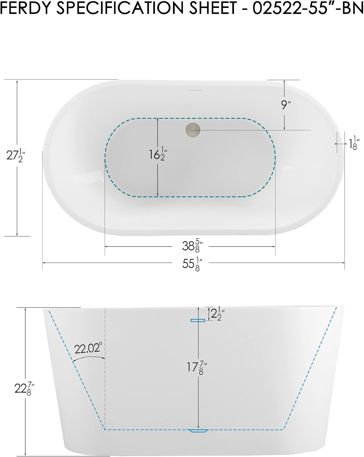 FerdY Luzon 55' Acrylic Freestanding Bathtub, Ergonomic Lightweight Classic Oval Soaking Bathtub with Brushed Nickel Drain, Minimalist Linear Design Overflow, Modern White