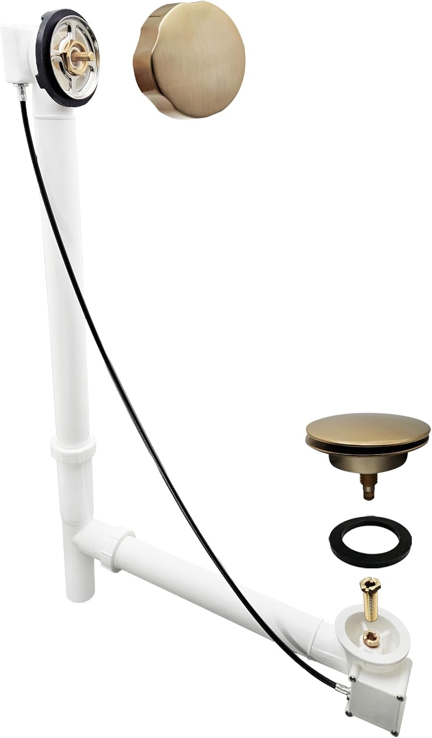 Westbrass A50P35TLE-19 35' Cable Drive Bath Drain Trim Kit with Rotary Overflow Cover Knob, European Stopper and Poly Tubular Pipes, Champagne Bronze