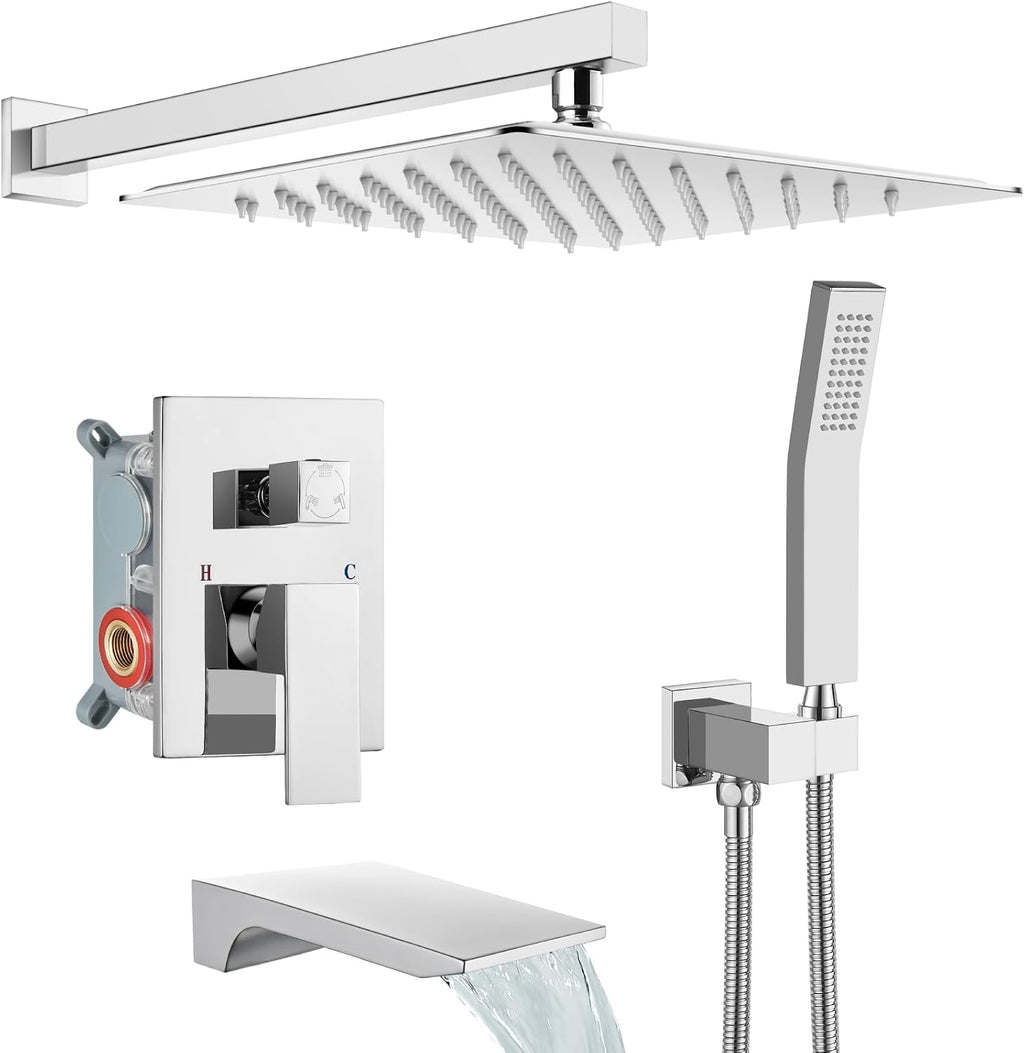 gotonovo Shower System with Tub Spout,Waterfall Tub Shower Faucet Set for Bathroom Head and Handle Set Wall Mounted 3 Function Rough-in Valve and Trim Included 12 inch Shower Head Polished Chrome