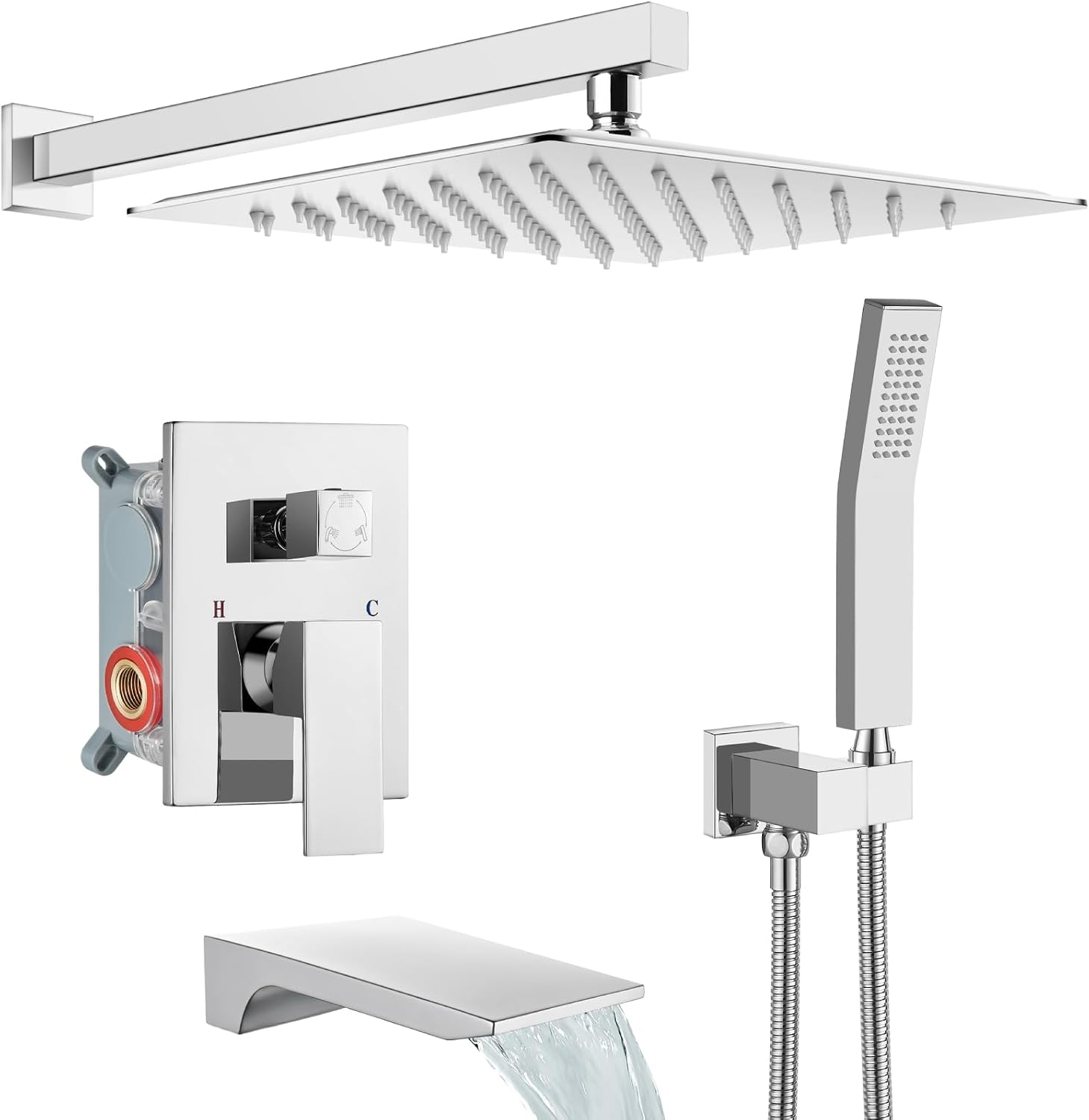 gotonovo Shower System with Tub Spout,Waterfall Tub Shower Faucet Set for Bathroom Head and Handle Set Wall Mounted 3 Function Rough-in Valve and Trim Included 12 inch Shower Head Polished Chrome