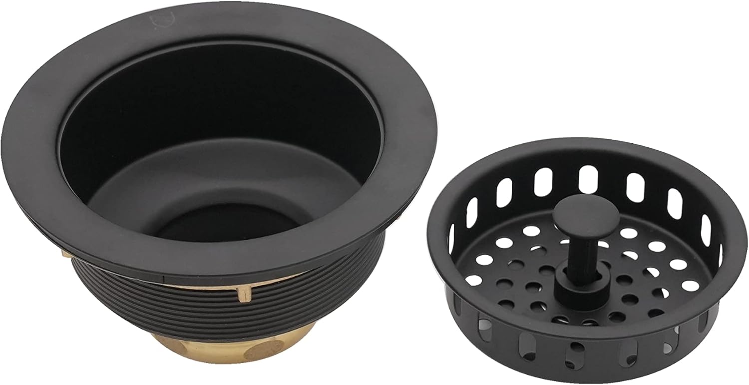 Westbrass CO2185-62 Combo Pack 3-1/2' Post Style Large Kitchen Sink Basket Strainer and Waste Disposal Drain Flange with Stopper, Matte Black