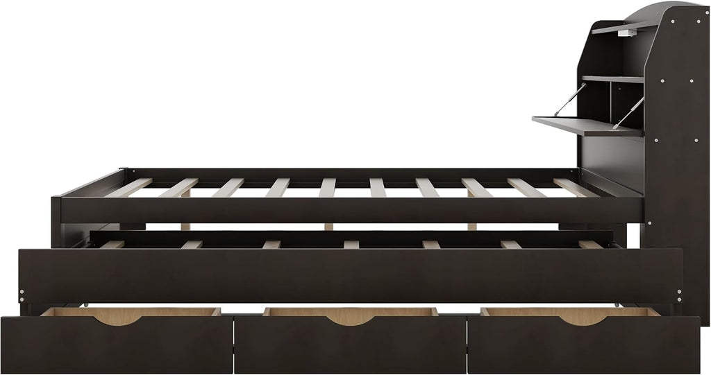 Multi-Function Full Size Platform Bed with Trundle and 3 Drawers, Wood Captain Platform Bed Frame with Storage Headboard and Night Light, Maximized Space (Brown-D1, Full)