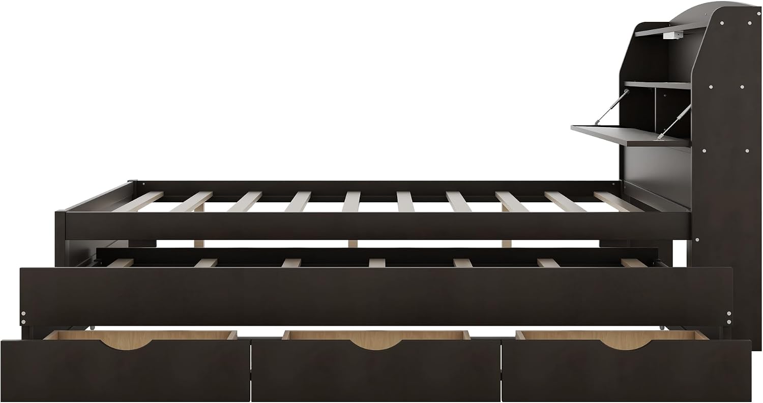 Multi-Function Full Size Platform Bed with Trundle and 3 Drawers, Wood Captain Platform Bed Frame with Storage Headboard and Night Light, Maximized Space (Brown-D1, Full)
