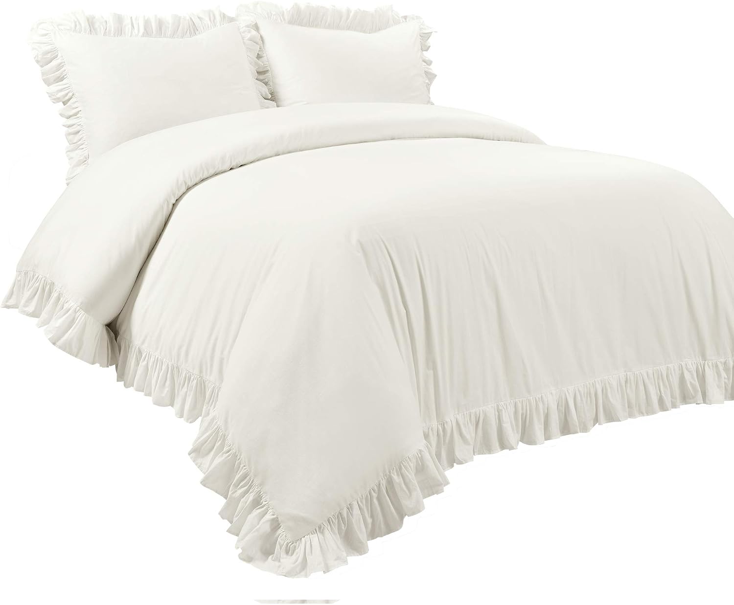 Lush Decor Reyna Ruffle Cotton Duvet Cover Set 3 Piece Set California King, White - King Size Bedding Set - White Duvet King - Ruffled Bedding - Coquette Decor