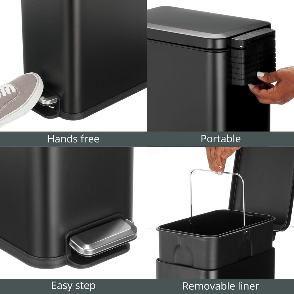 mDesign Slim Metal Rectangle 7.9 Gallon Trash Can with Step Pedal, Easy-Close Lid, Removable Liner - Narrow Wastebasket Garbage Container Bin for Bathroom, Bedroom, Kitchen, Office - Black