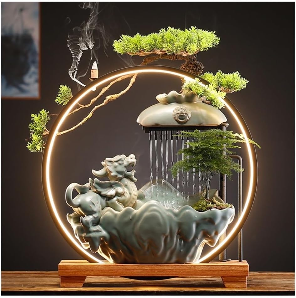 Desktop Fountain Ceramic Tabletop Fountain with LED Light Ring and Backflow Incense Burner Holder Circulating Water Feature for Office, Living Room, or Bedroom