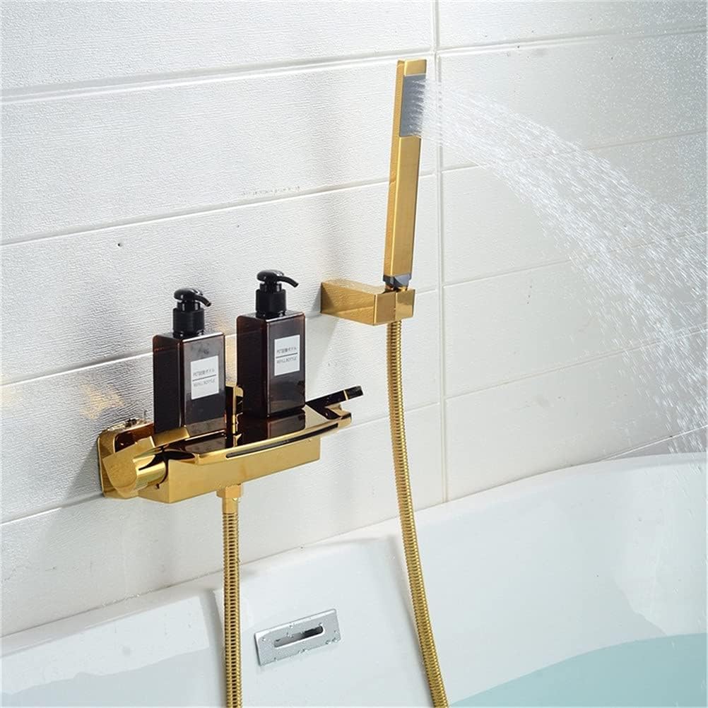 Bathtub Faucet with Shower, Brass Tub Taps, 2-Handle Waterfall Spout Mixer Tap, with Hand Shower Wall Mounted Bath Faucet 2 Function Bathtub Faucet Water Mixer Set,Gold