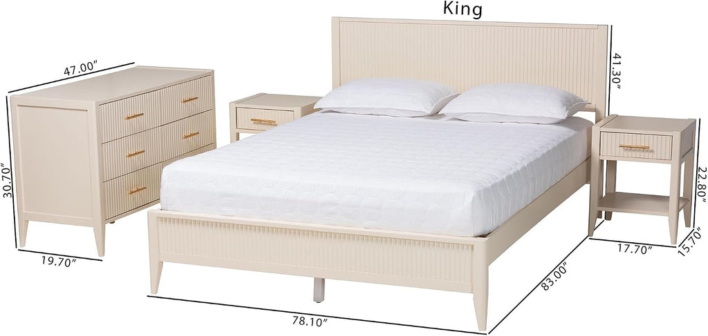 Baxton Studio Primrose Fluted Wood Platform Bed Set, 4-Piece, King, Ivory
