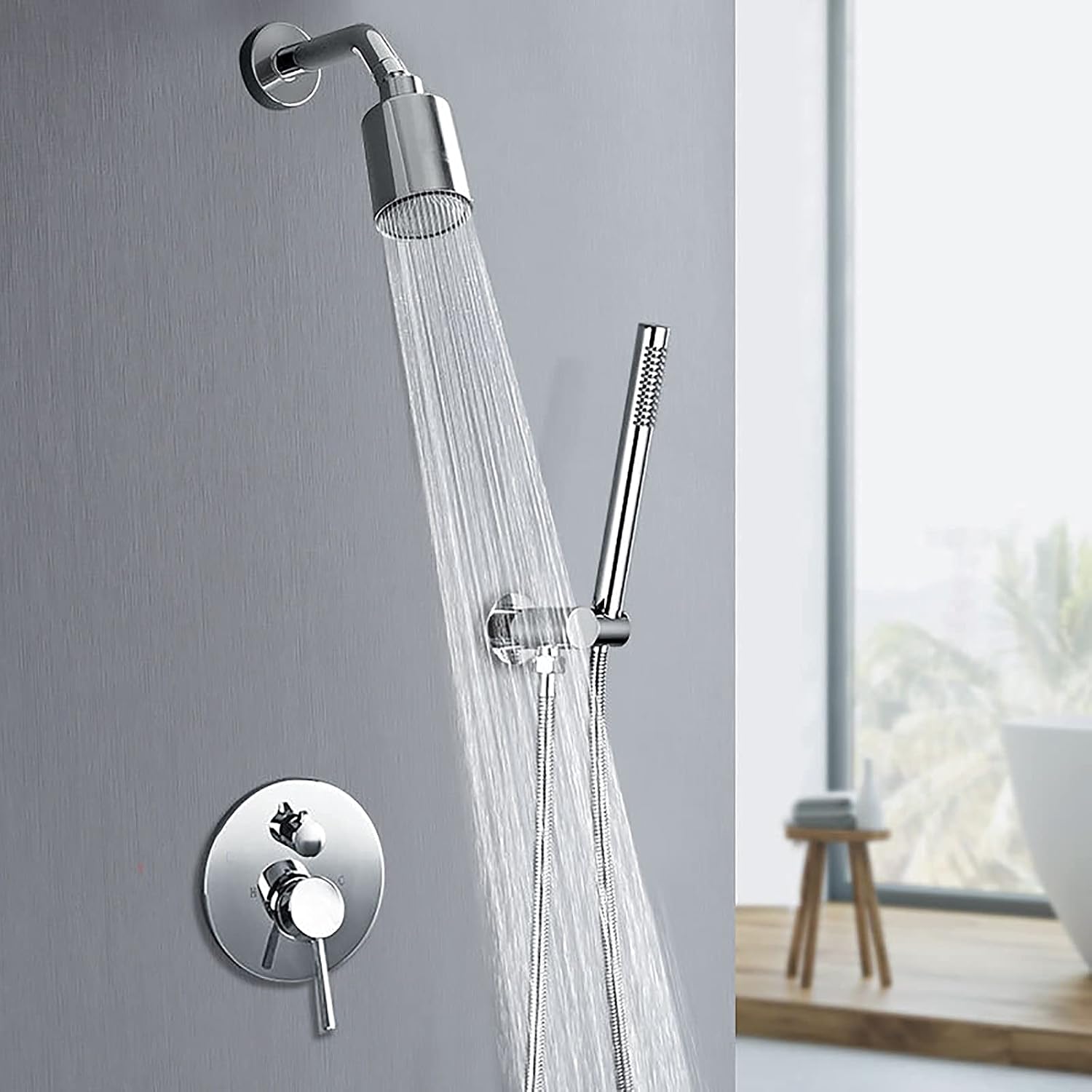 Shower System Round Rainfall Shower Head System with Handheld Combo Set, Wall Mounted Shower Faucet Set Complete with Brass Valve and Trim Kit (Color : Chrome)
