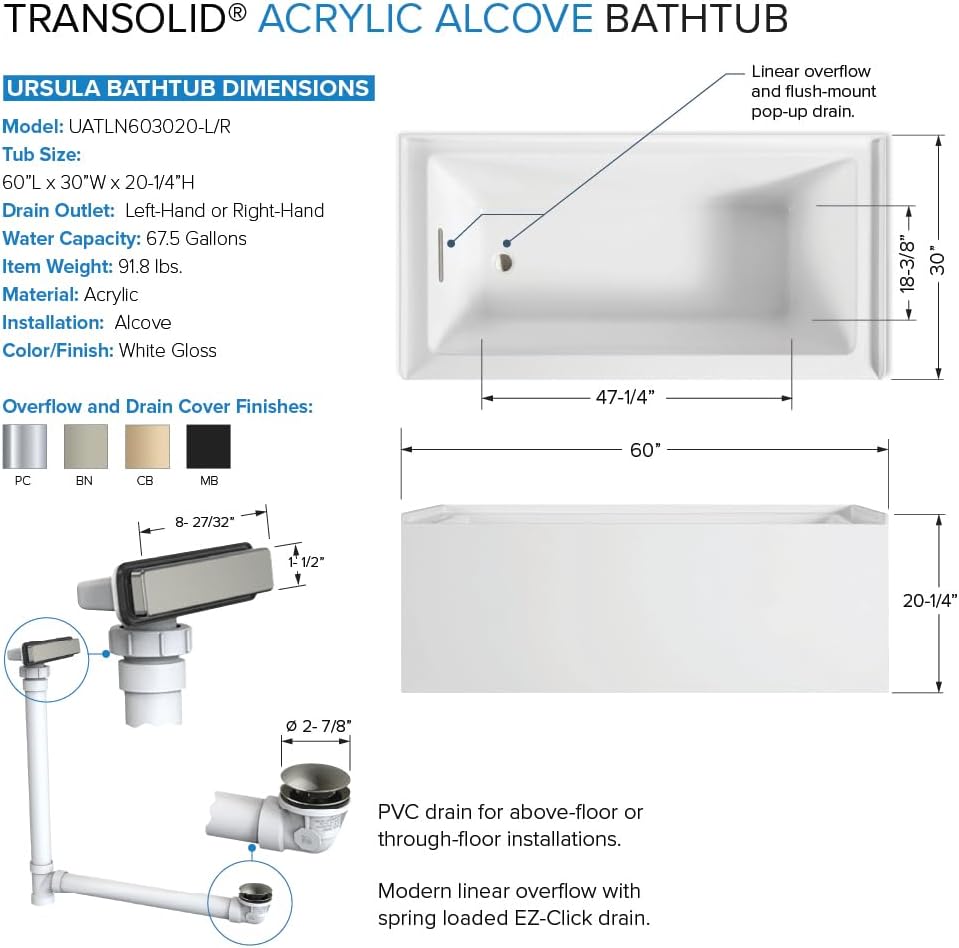 Transolid Unity 60 x 30 x 20-1/4 in. Acrylic Alcove Bathtub with Right-Hand Drain, White/Brushed Nickel
