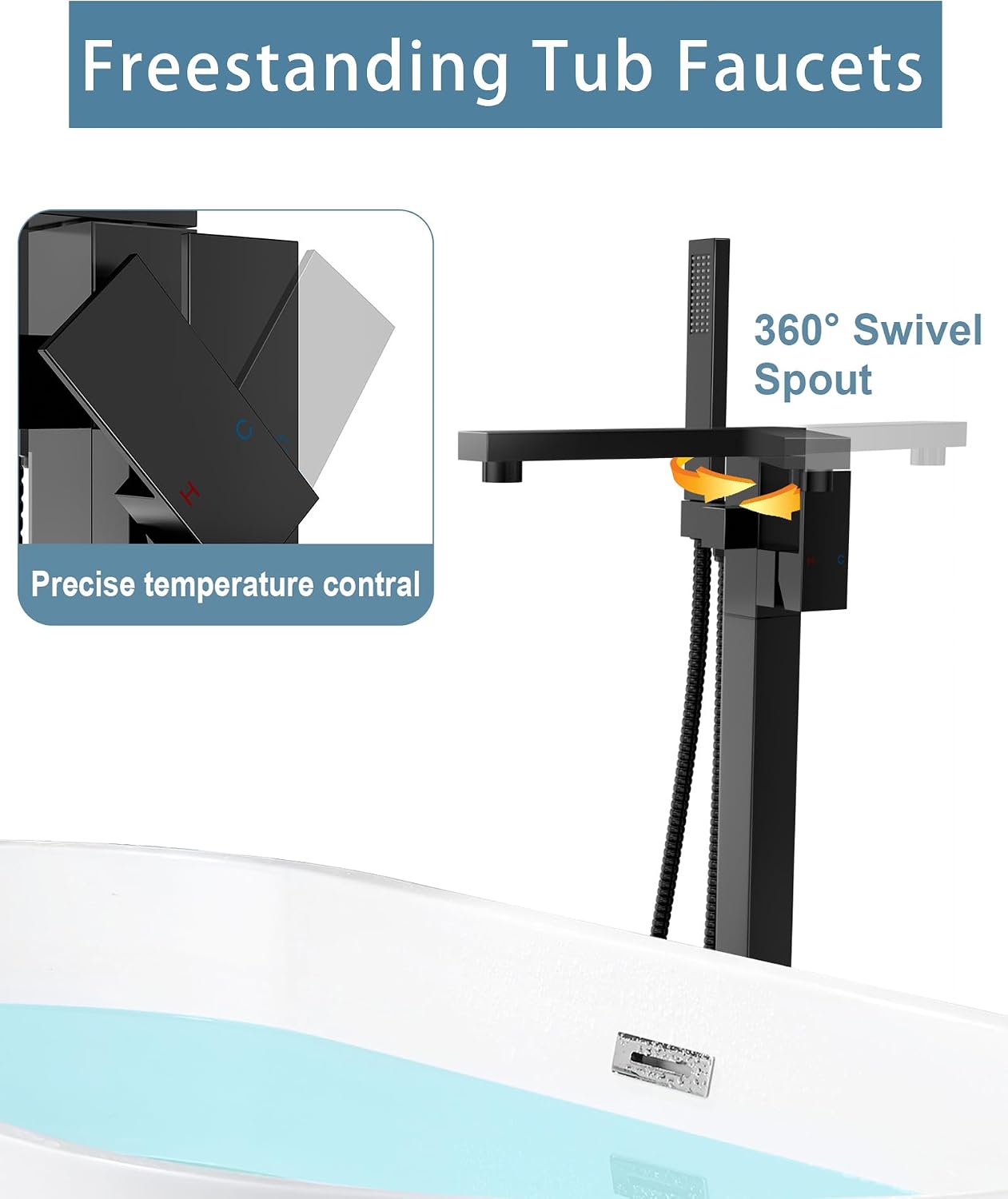 Free Standing Tub Faucet Matte Black,Freestanding Bathtub Faucet For Luxury Bathtub,High Flow Tub Filler,Swivel Spout Brass Construction with Handheld Shower