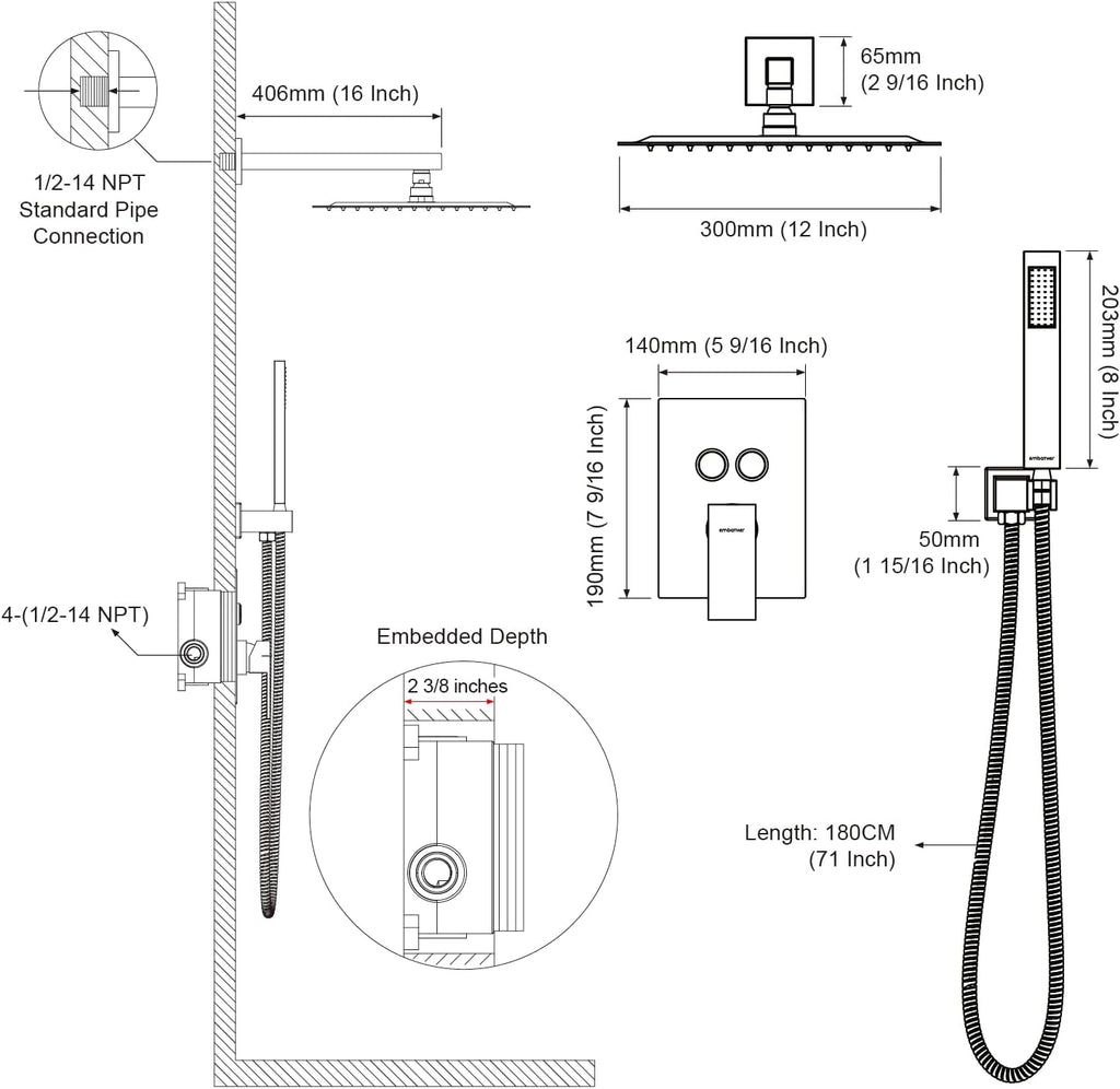 Shower System Shower Faucet Set with Push-Button Diverter and Wall Supply Elbow 12 Inch Shower Head Polished Chrome