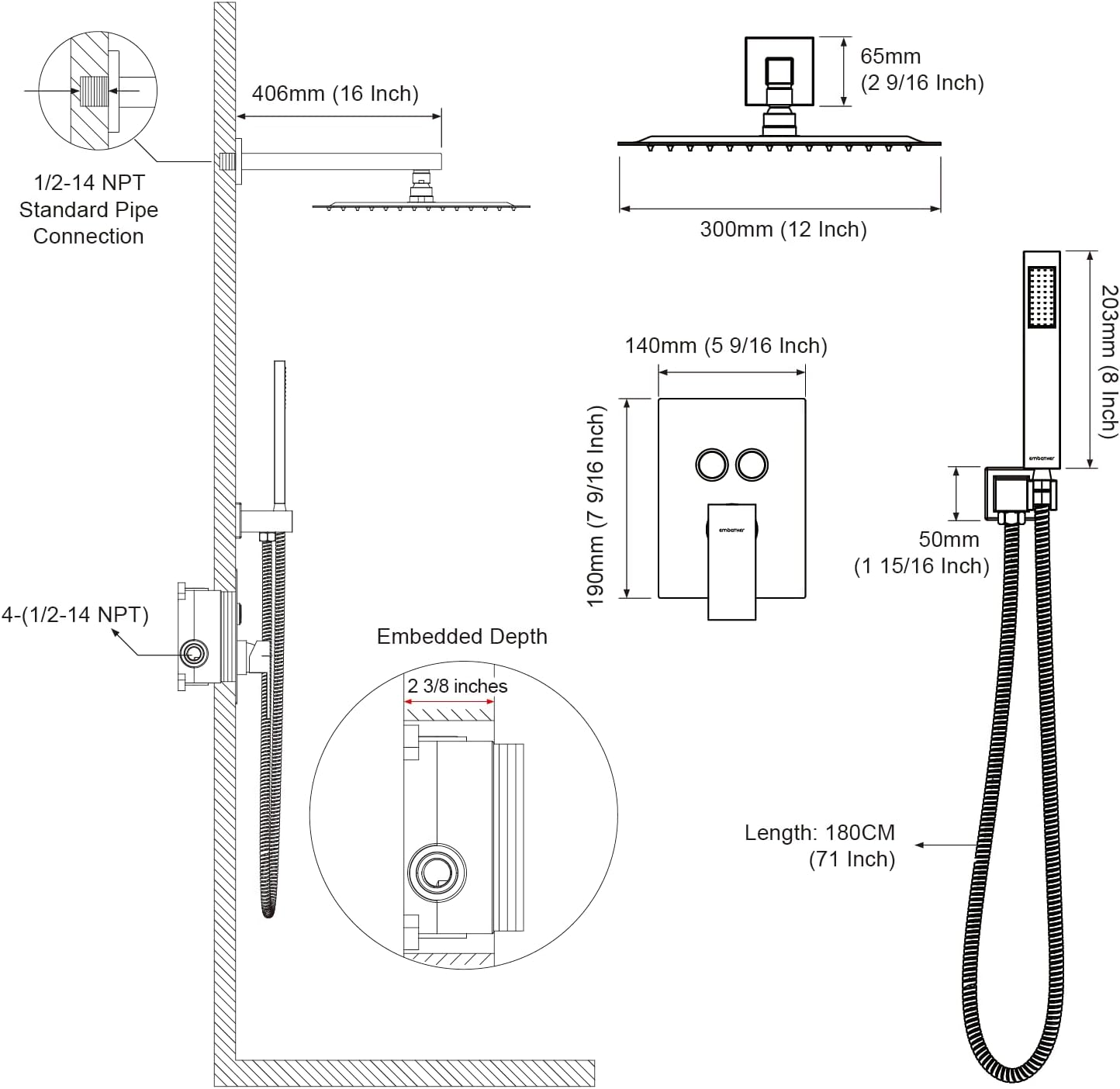 Shower System Shower Faucet Set with Push-Button Diverter and Wall Supply Elbow 12 Inch Shower Head Polished Chrome
