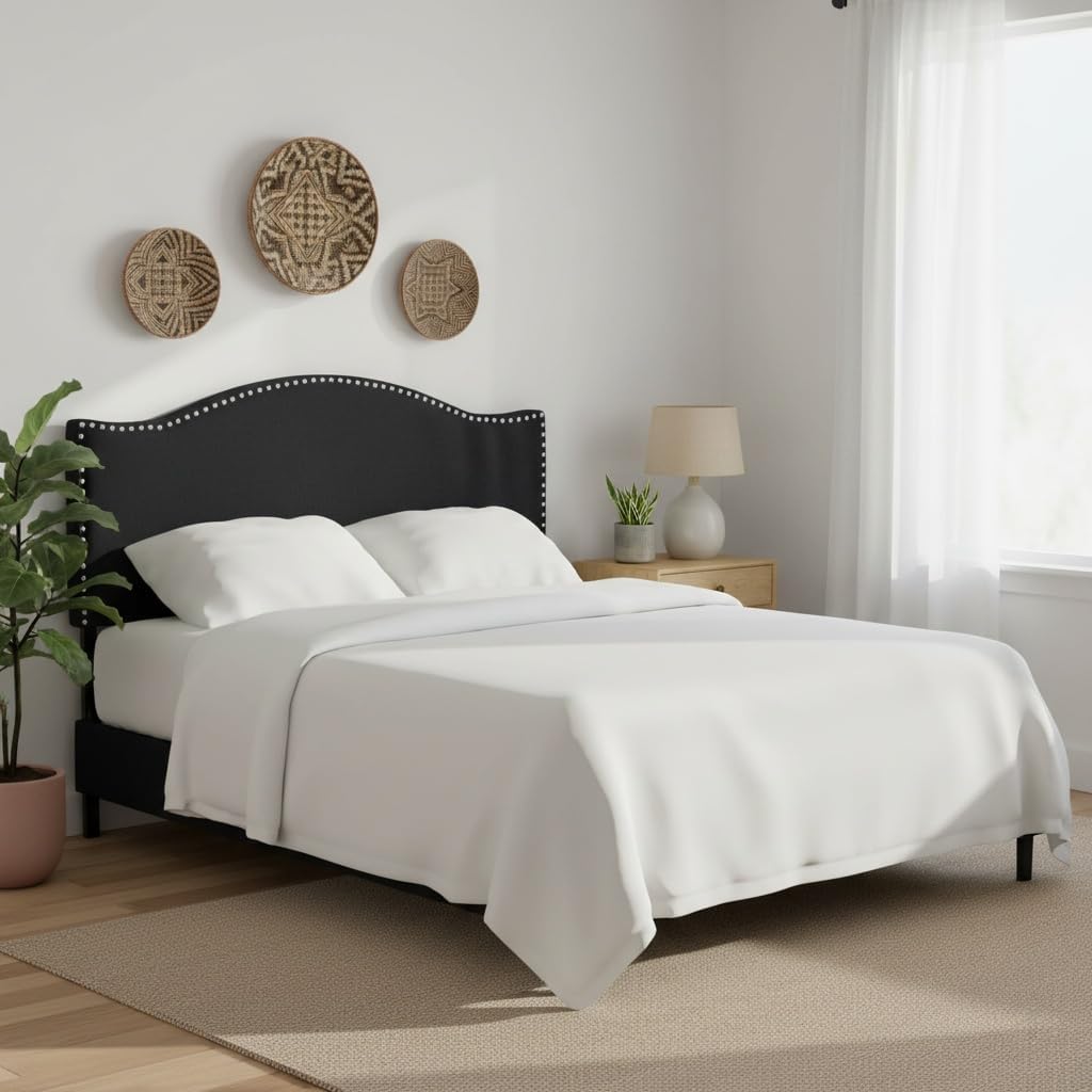 Naomi Home Catalina Queen Headboard – Upholstered Linen Tufted Panel with Nailhead Trim, Adjustable 12 Height Settings, Wall or Bed Frame Mount – Black