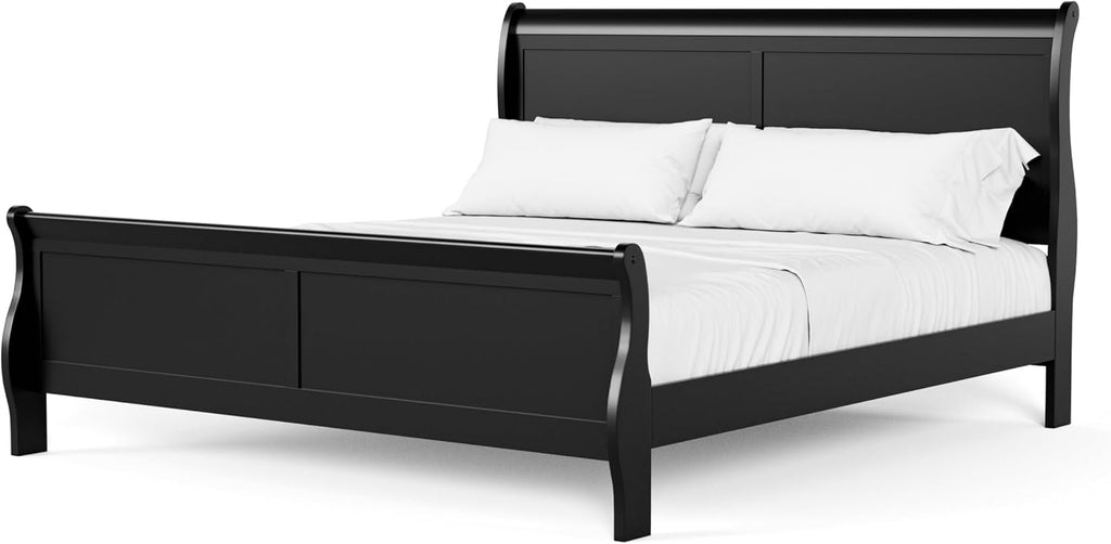 Furniture of America Louis Philippe Traditional Wood King Bed Frame with Headboard and Footboard, Elegant Sleigh Design Bedframe for Bedroom, Guest Room, Easy Assembly, Box Spring Required, Black