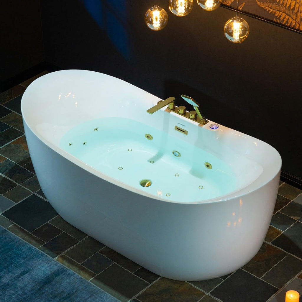WOODBRIDGE 72' x 35-3/8' Whirlpool and Air Bath Heated Soaking Combination Tub with Adjustable Speed Air Blower and Display Control Panel, Brushed Gold Finish Trim and Drain Kit, BG400+F0045BG