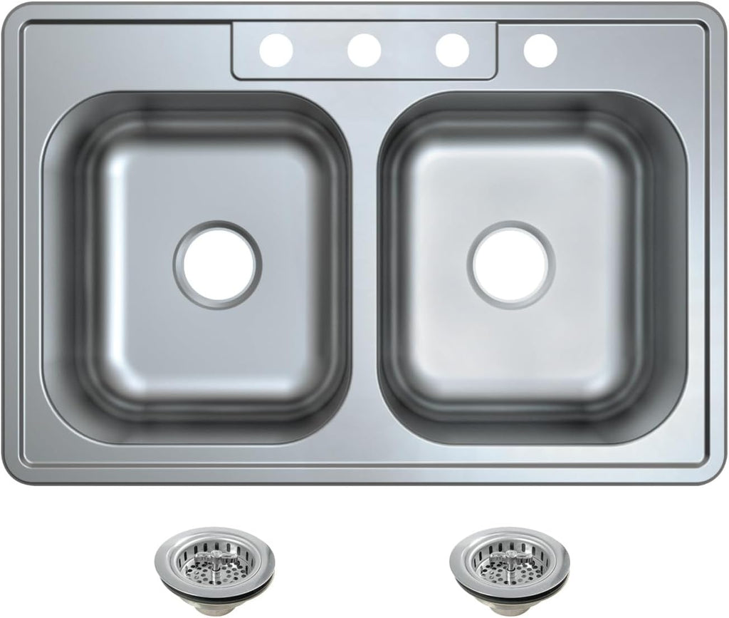 Kingston Brass Studio KGKTD332281 33' Stainless Steel Self-Rimming Double Bowl Drop-In Kitchen Sink with 4-Hole Drain and Strainer, Stainless Steel/Polished Chrome