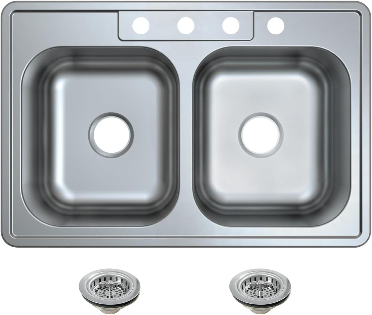 Kingston Brass Studio KGKTD332281 33' Stainless Steel Self-Rimming Double Bowl Drop-In Kitchen Sink with 4-Hole Drain and Strainer, Stainless Steel/Polished Chrome
