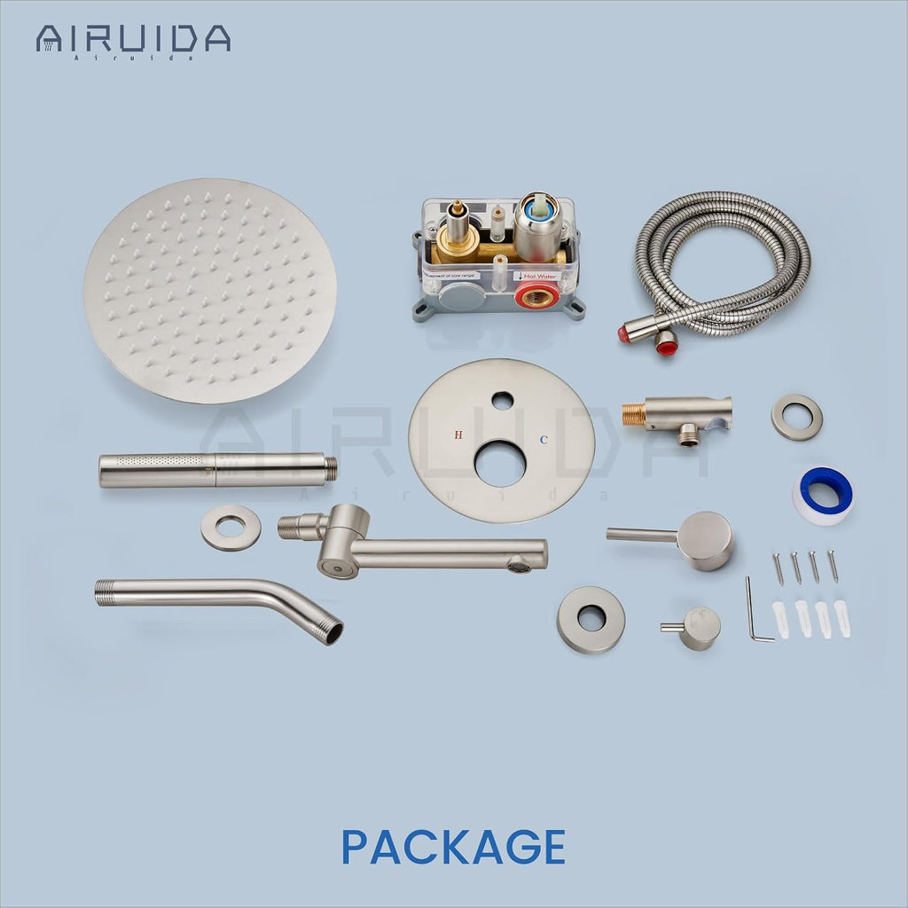 Airuida 3-Function Shower System with Tub Spout – Round Rainfall Shower Faucet Combo,Handheld Spray with 2 Functions,Includes Rough-In Valve with 360° Rotating Drain,8 Inch Shower Head,Brushed Nickel