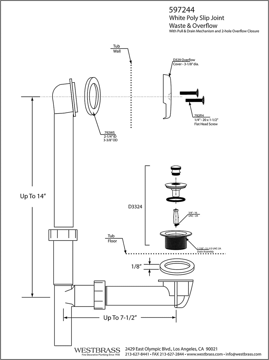 Westbrass 597244-4-62 14' White Poly Tubular Bath Waste & Overflow Assembly with 2-Hole Faceplate and Pull To Close Drain Plug, Matte Black (4-Pack)
