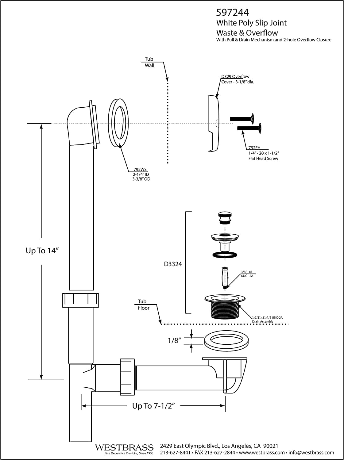 Westbrass 597244-12-62 14' White Poly Tubular Bath Waste & Overflow Assembly with 2-Hole Faceplate and Pull To Close Drain Plug, Matte Black (12-Pack)