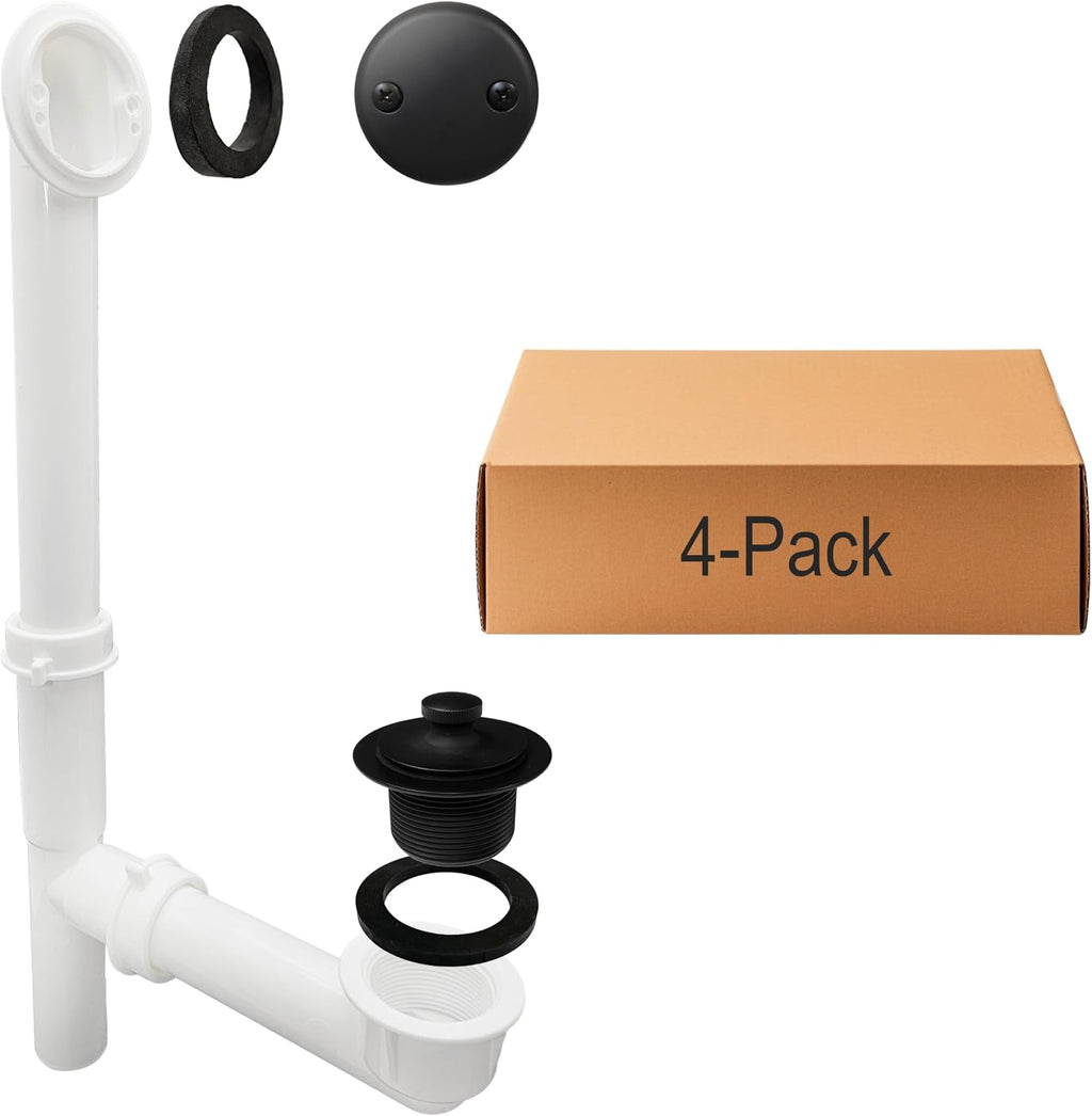 Westbrass 597244-4-62 14' White Poly Tubular Bath Waste & Overflow Assembly with 2-Hole Faceplate and Pull To Close Drain Plug, Matte Black (4-Pack)