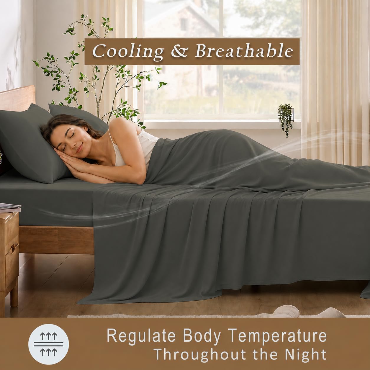 TOSMO Luxury Cooling Sheet Set - 100% Viscose from Bamboo, 4-Piece Bedding Set (King Size) - 18' Extra Deep Pockets, Oeko-Tex Certified, Silky Soft and Breathable, Charcoal