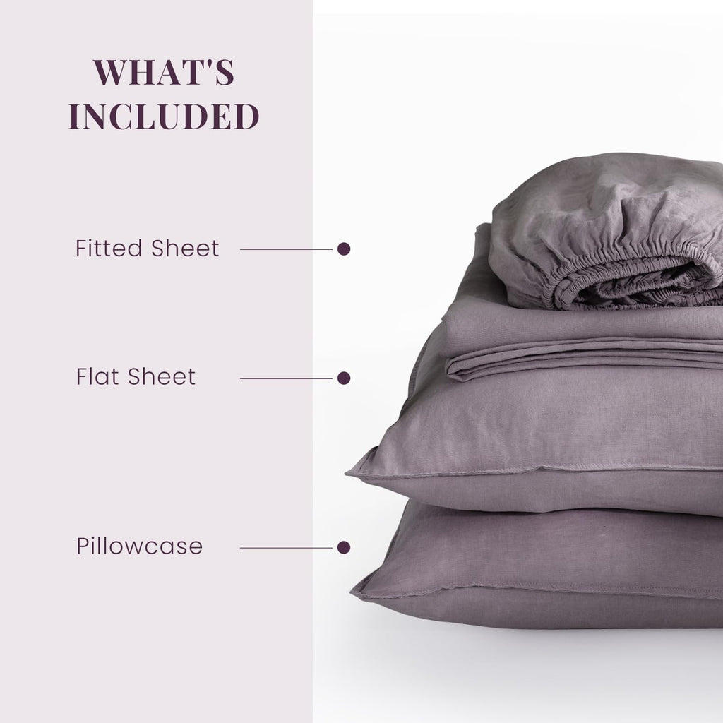 S VICTORY SYMBOL 100% Organic Linen Sheet Sets Full,Washed French Flax Bedding Set 4 Pieces(2 Pillowcases,1 Fitted Sheet,1 Flat Sheet),16inch Deep Pocket Linen Bed Sheets,Dusty Purple