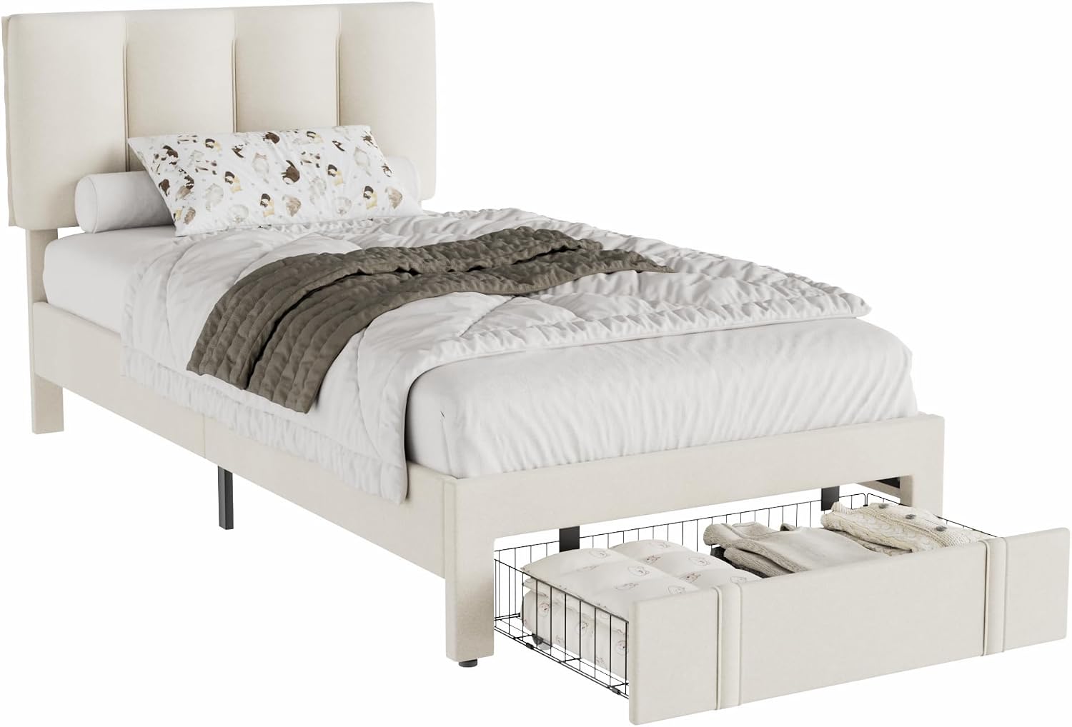 VECELO Twin Bed Frame with Storage Drawer, Heavy-Duty Platform Bedframe with Headboard & Strong Wooden Slats Support, No Boxing Spring Needed, Pala Beige