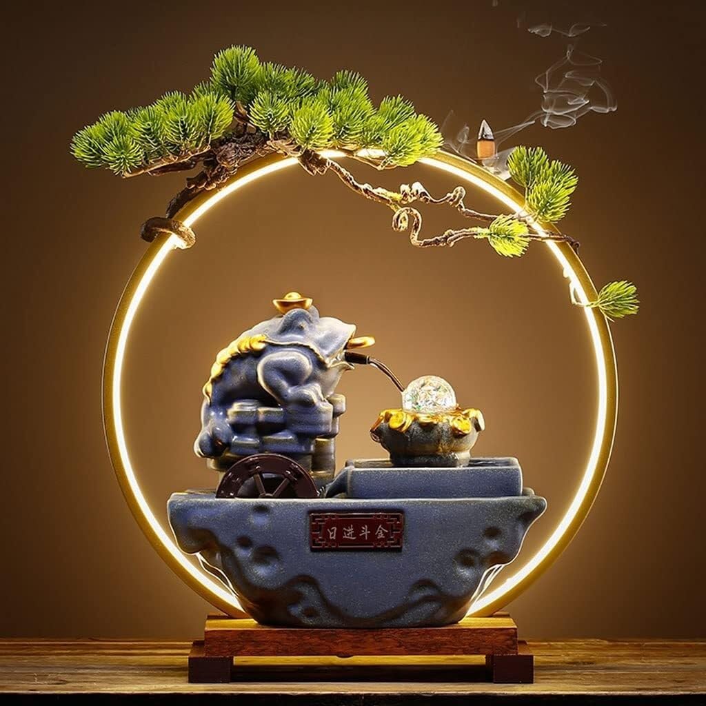 Chinese Retro Desktop Waterfall Fountain – Ceramic Tabletop Fountain with LED Light, Crystal Ball & Waterwheel