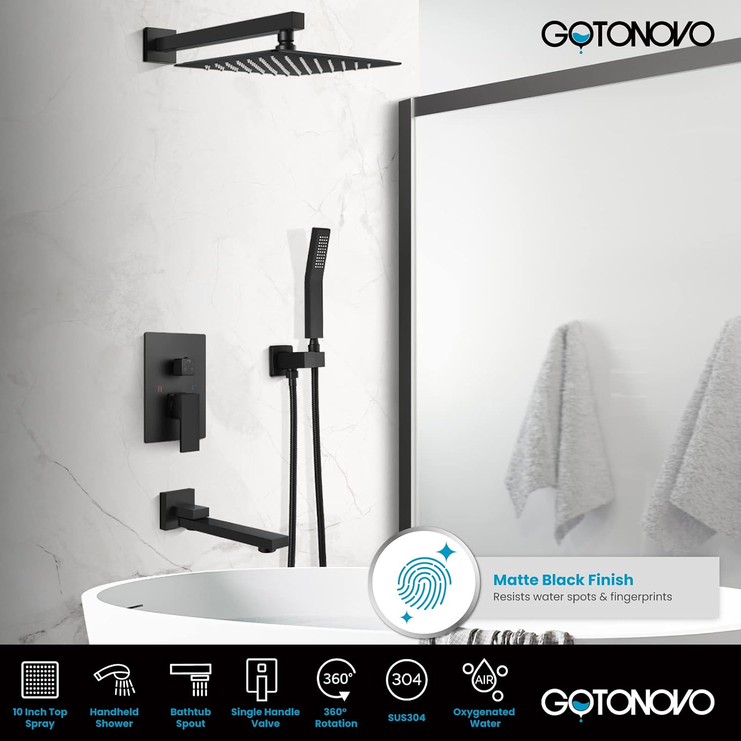 gotonovo Rainfall Tub Shower Faucet Set Bathroom Shower System with Tub Spout Wall Mount Square High Pressure Shower Fixtures with Handheld Sprayer Rough-In Valve 10'' Shower Head,Matte Black