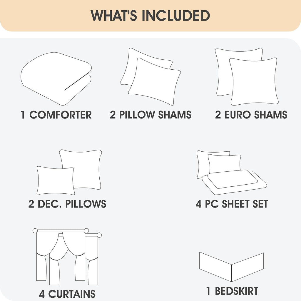 LANCO MODERN LIFESTYLE King Comforter Set, Brown Bedding Set, Jacquard Woven with Geometry, 16 Pieces Room in a Bag, Sheets, Bedskirt, Pillow Shams and Cases, Decorative Pillows and Curtains