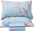 QSH 100% Egyptian Cotton Cal King Sheets, Blue Bird Plant Pattern Botanical Luxury Cotton Printed Flower California King Bedding Sheets, 4pcs Deep Pocket California King Floral Bed Sheet Set