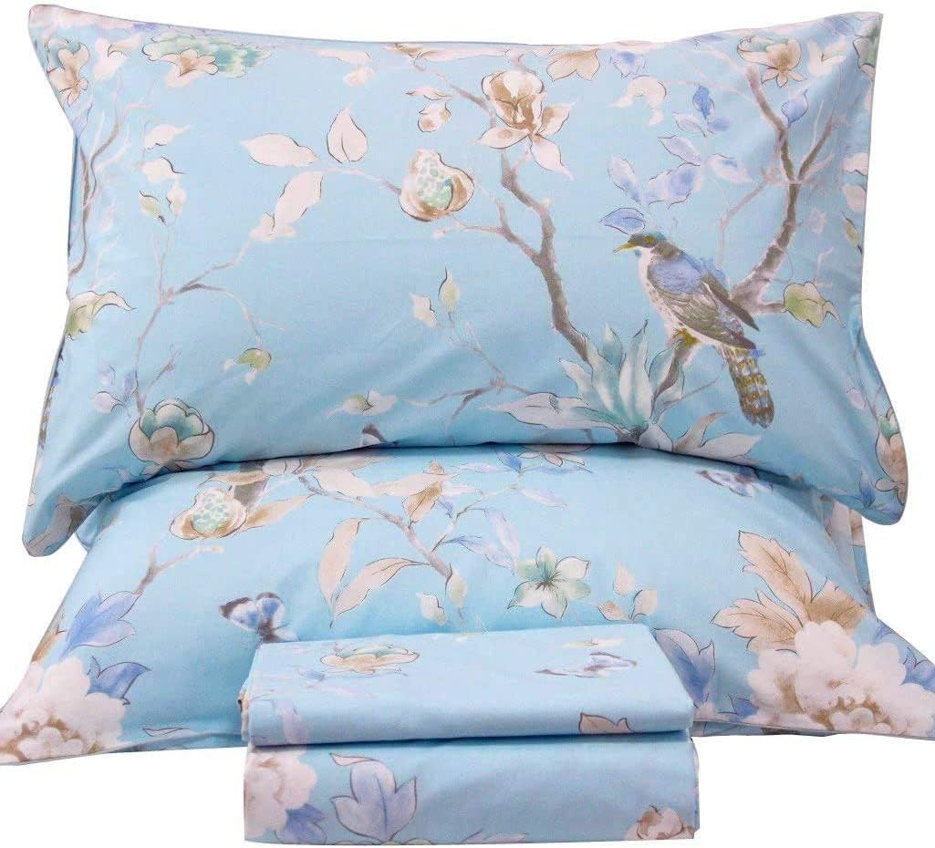 QSH 100% Egyptian Cotton Cal King Sheets, Blue Bird Plant Pattern Botanical Luxury Cotton Printed Flower California King Bedding Sheets, 4pcs Deep Pocket California King Floral Bed Sheet Set