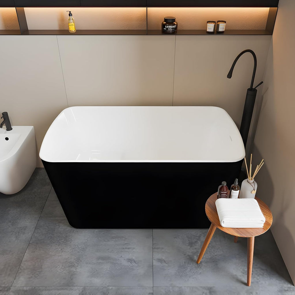 49 Inch Freestanding Bathtub Acrylic Deep Soaking Tub with Chrome Overflow & Drain, Compact Sit-In Design for Small Bathroom Renovation, Easy Install Modern (Black & Gloss White Finish)