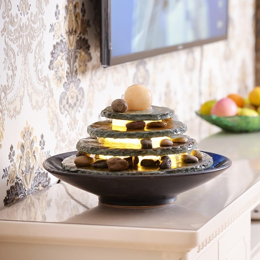 GRFIT Indoor Fountain Small Marble Ceramic Fountain with Round Shape and Circulating Water Flow Ornaments Tabletop Fountain