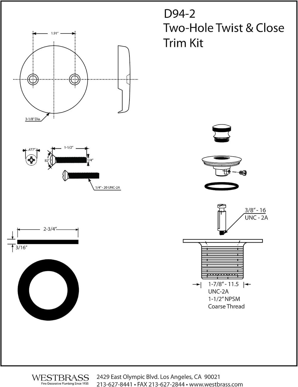 Westbrass D94-2-50-62 1-1/2' Coarse Thread Twist & Close Bathtub Drain Trim with Two-Hole Overflow Faceplate, Matte Black (50-Pack)