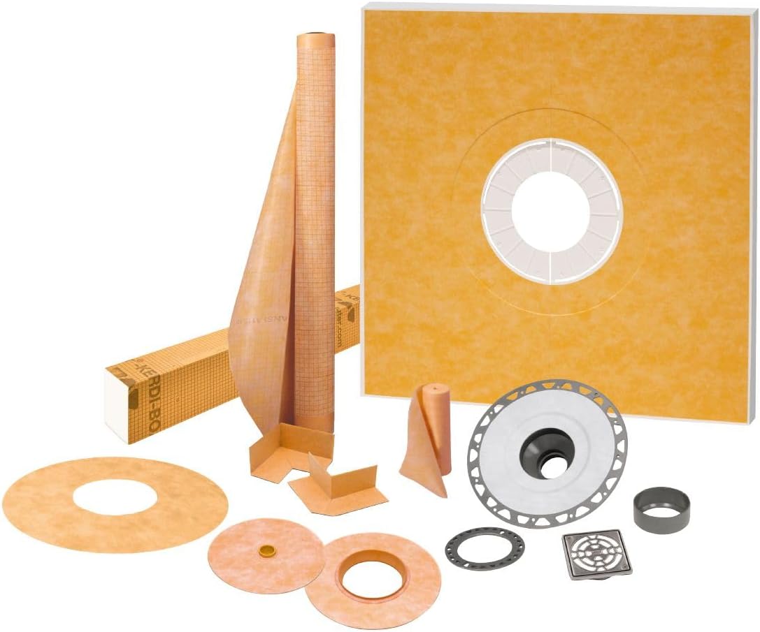 Schluter Kerdi Shower Kit with Shower Tray, Curb, Waterproofing Membrane, Strips, and Seals - Waterproofing System for Showers - PVC Plastic, Center Outlet Position, 48' x 48' Tray Size - KSK1220PVCE