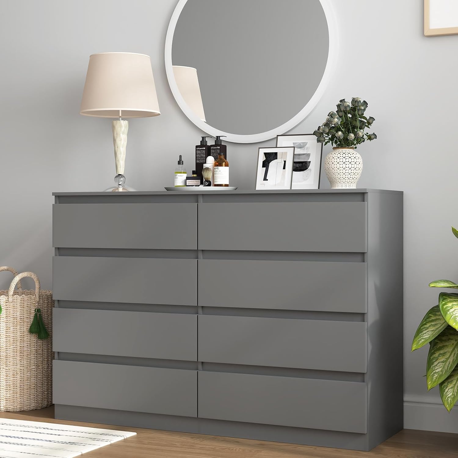 Vibe & Dine 8 Drawer Double Dresser, Modern Chest of Drawers with Wide Storage for Closet, Bedroom, Living Room, Grey