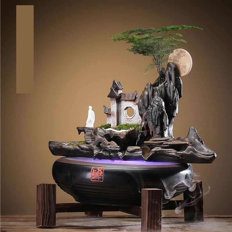 GUERNSEY Tabletop Fountain Flowing Water Ornaments Chinese Style Ceramic Home Decoration Humidifier Living Room Office Desktop Fountain with Feng Shui Wheel Indoor Fountain