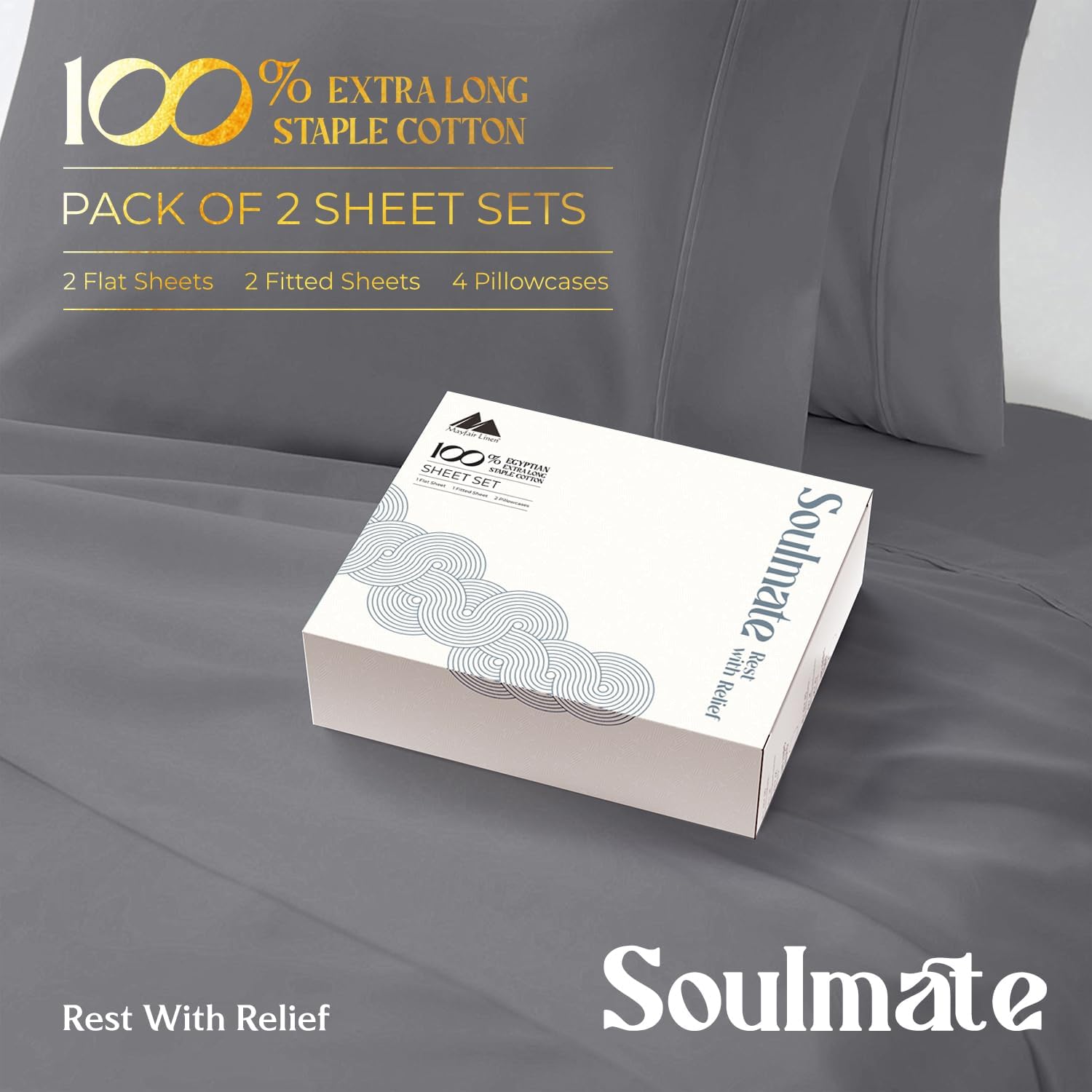 Mayfair Linen 100% Egyptian Cotton 2 Pack Queen Sheet Set - Luxury 500 Series Soulmate Collection Cotton Sheets Queen Size (8 PC, Dark Grey), Soft, Cooling, Sateen 16' Deep Pocket Hotel Quality Sheet